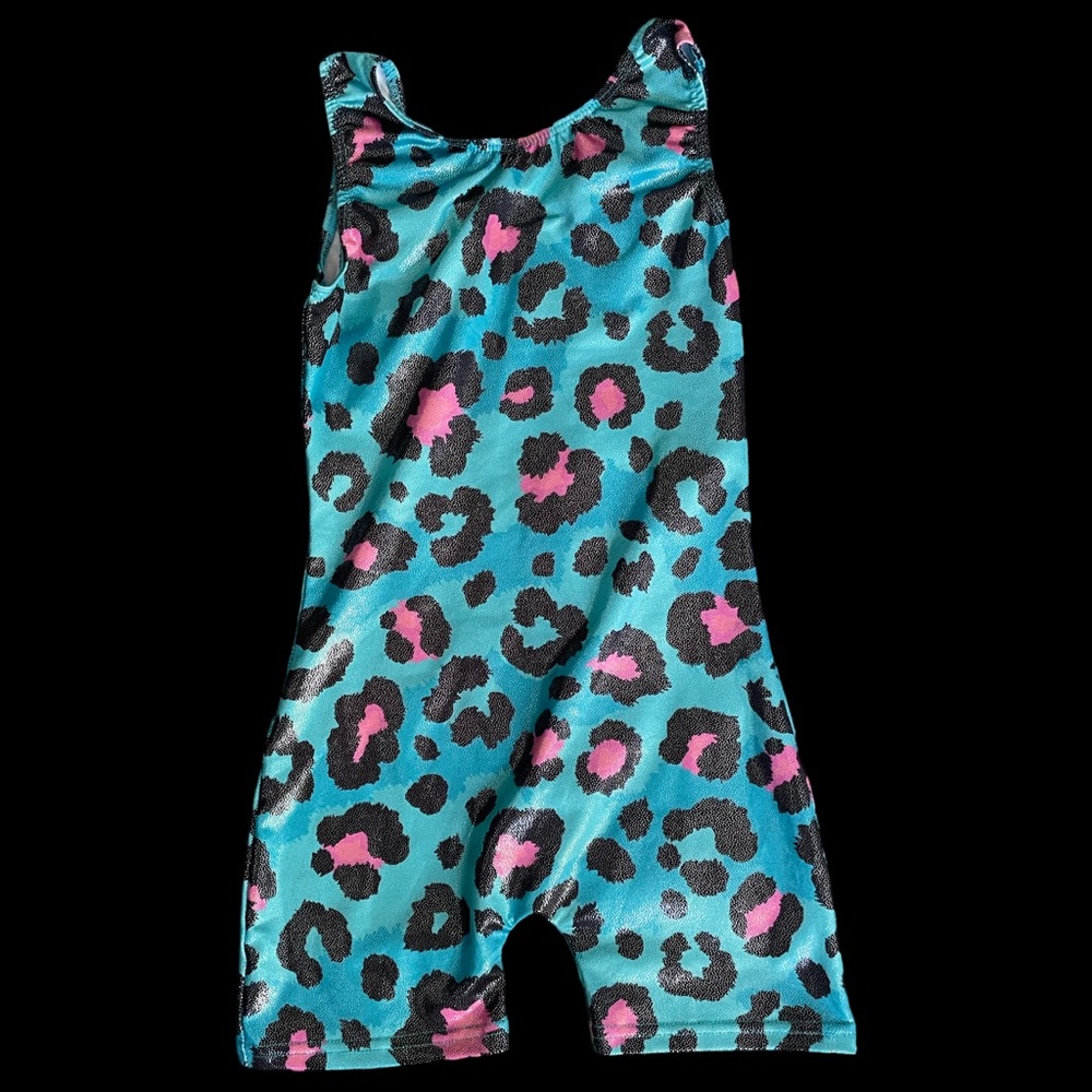 EUC Leopard Print Teal/Pink Gymnastics Leotard (Size 6/7)